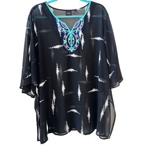 Rafaella Sheer Chiffon Tunic Top Women's Plus Size 3X V-Neck Embroidery Neckline
